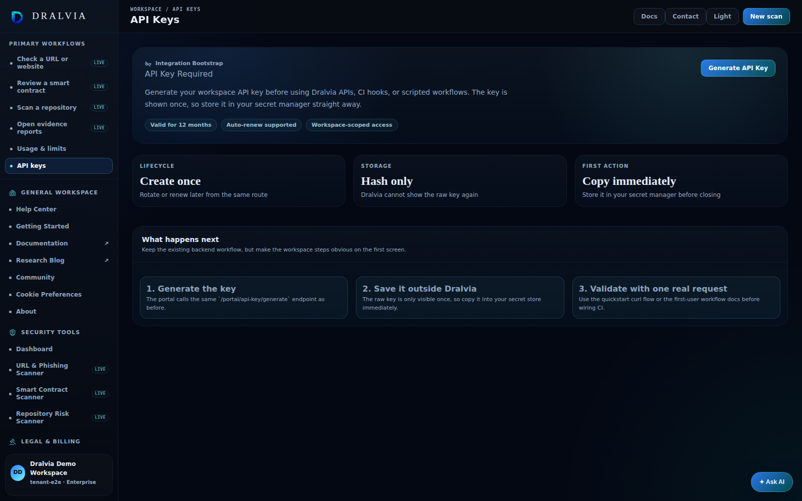 Dralvia API Security Platform workspace preview
