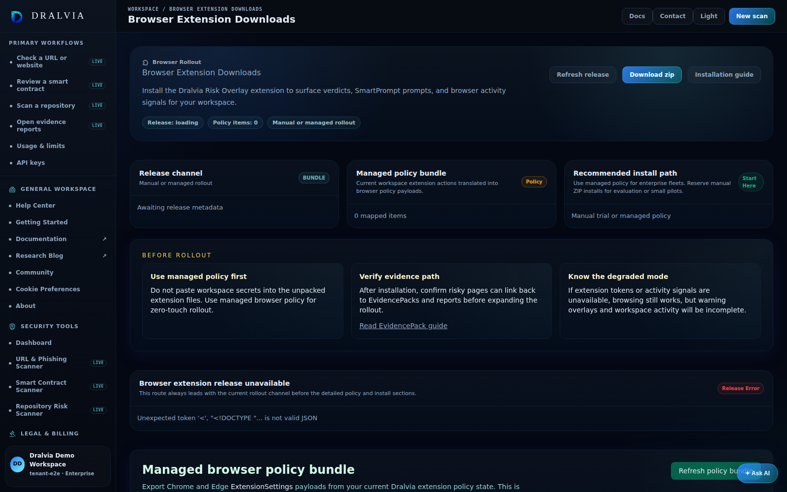 Dralvia Browser Extension Security workspace preview
