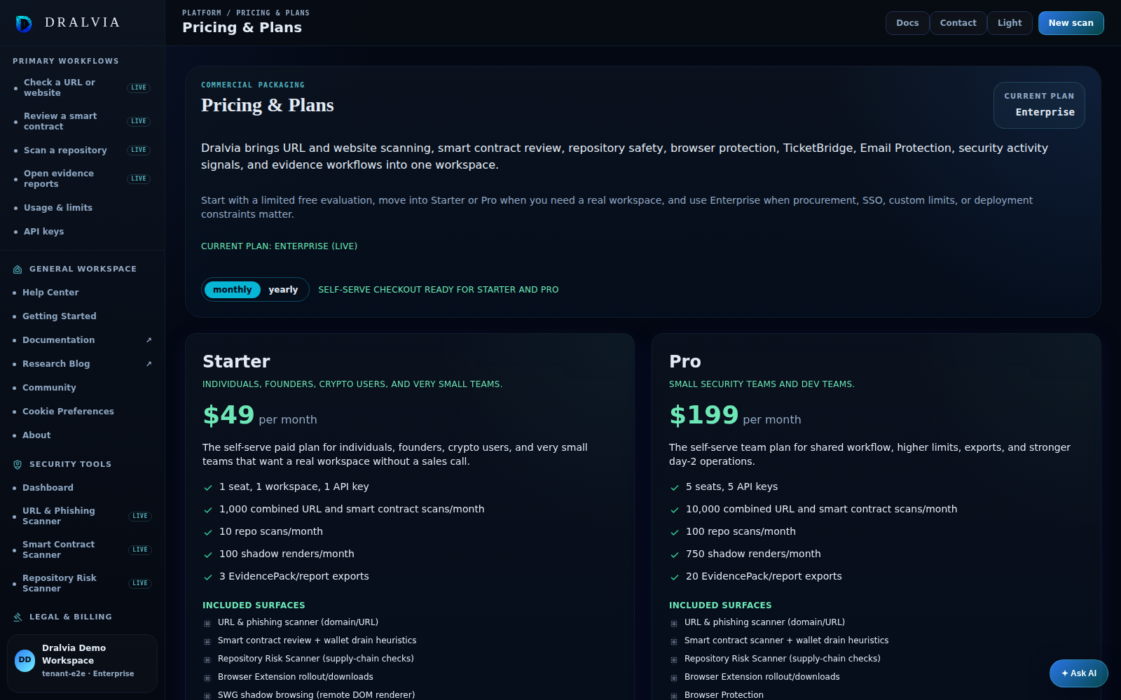 Dralvia Pricing & Plans workspace preview