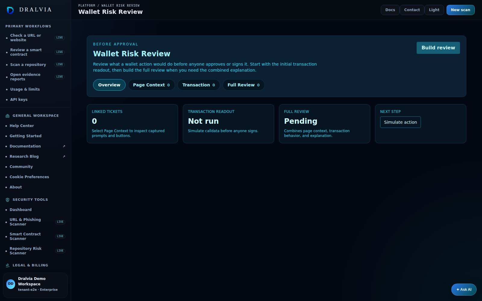 Dralvia Wallet Risk Review workspace preview