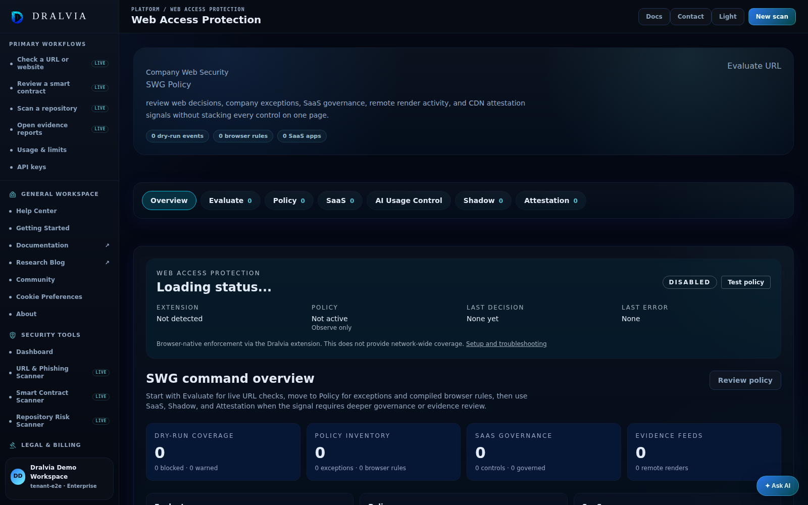 Dralvia Web Access Protection workspace preview